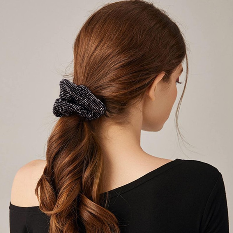 Embellished Sparkly Black Crystal Scrunchie Hair Tie Ponytail Holder Accessory
