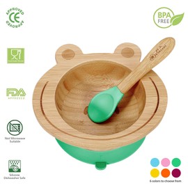 Vinsani Frog Bamboo Bowl and Spoon Set for Baby/Toddler, Frog Shaped Suction Bowl, Stay-Put Design, Hypoallergenic and BPA-Free (Green)