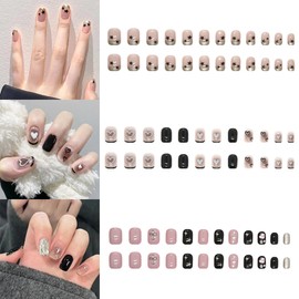 NIUANIUA Nail Tip, Short, False Nails, Cute, Round Tip, Fashion, 3D Nails, Popular, Black, 12 Sizes, 72 Pieces (Black & Star Prints)