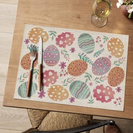 Artoid Mode Eggs Eucalyptus Flowers Vinyl Easter Placemats Set of 4, 12x18 Inch Wipeable Non-Slip Spring PVC Place Mats for Party Kitchen Dining Decor