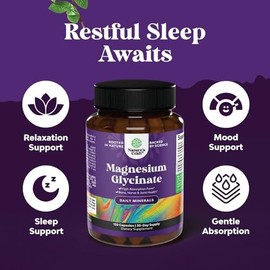 Cápsulas de glicinato de magnesio de alta absorción, glicinato de magnesio quelatado, 500 mg por porción para calmar el sueño, además de apoyo