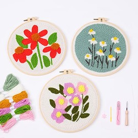 Harimau 3 Pack Punch Needle Embroidery Starter Kits for Beginner Kids,Punch Needle Fabric with Pattern,Threader, Yarns,Pinch Needle, Embroidery Hoops & Rug-Punch