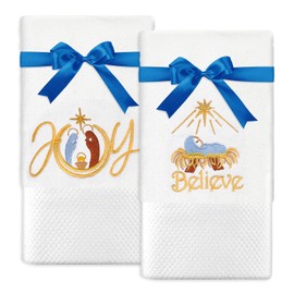 JarThenaAMCS 2Pcs Christmas Hand Towels Nativity Scene Embroidered Bathroom Towels Xmas Dish Towels with Ribbons for Hand Drying Cleaning Cooking Gift, 29.5 x 13.7 Inch