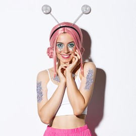 Glitter Alien Antenna Headband with Holographic Chunky Glitter & Ball Boppers, Silver Space Party Favors for Women