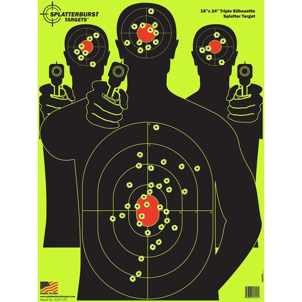 Splatterburst Targets - 18 x 24 inch - Triple Silhouette Splatter Target - Easily See Your Shots Burst Bright Fluorescent Yellow Upon Impact - Made in USA (25 Pack)