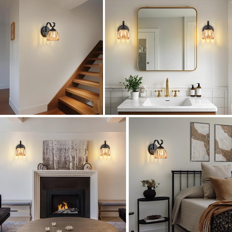 lobolighting Vintage Wall Sconce with Amber Tulip Glass Lampshade Black