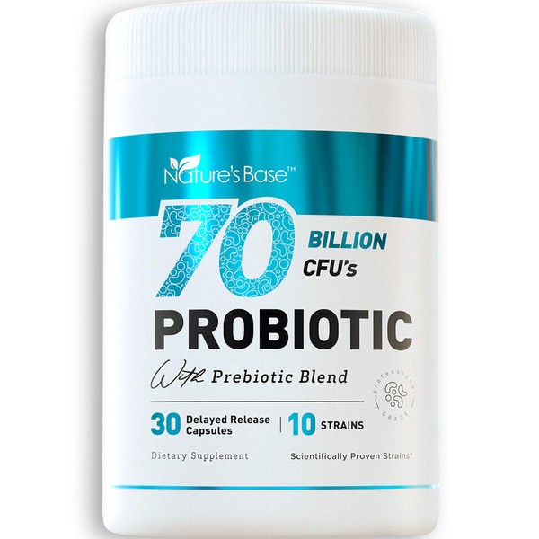 NATURE'S BASE Probiotics 70 Billion CFU - 10 Strains Including Lactobacillus Plantarum & Lactobacillus Acidophilus Probiotic - Prebiotics and Probiotics for Women & Men's Digestive Health (30 Caps)