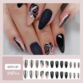Almond Black Press on Nails Valentines Medium Fake Nails with Black Rose Design 3D Diamond False Nails Black Valentines Nails Medium Length Acrylic Glue on Nails Winter Stick on Nails for Women 24Pcs