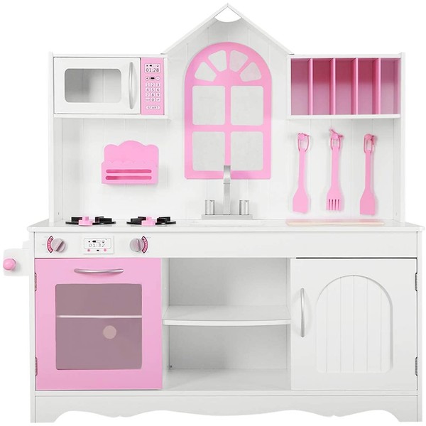 Costzon Play Kitchen Set, Wooden Chef’s Pretend Play Toy w/Cookware Accessories, Pretend Cooking Food Set for Toddlers, 42" L x 12" W x 42" H, Pink