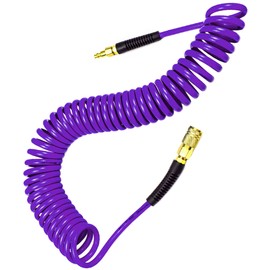YOTOO Polyurethane Recoil Air Hose, Air Compressor Hose 1/4" Inner Diameter by 25' Long with Bend Restrictor, 1/4" Industrial Quick Coupler and Plug, Purple