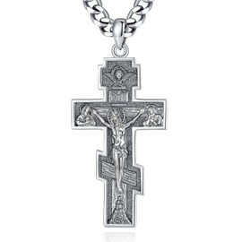INFUSEU Orthodox Cross Necklace Men Eastern Orthodox Christian Gifts Russian Greek Pendant Big Large Jesus Cross Crucifix Prayer for Women Catholic Religious 925 Sterling Silver Spiritual Present