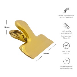 heimzeit Design Sealing Clips for Food Bags, Bags and Documents Made of High-Quality Stainless Steel in Gold [Pack of 12, 40 x 15 x 15 mm] Coloured Sealing Clips, Strong Spring Force