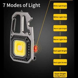 BY-J Cob Mini Flashlight Keychain Light, 500 Lumens Bright Rechargeable, Small Multi-Function Work Light, 7 Modes Portable Pocket Light Battery Display Bottle Opener for Camping Emergency Lighting