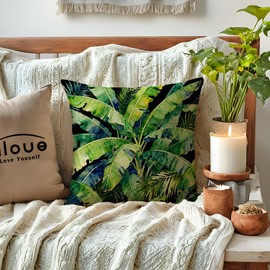 Tropical Leaves Throw Pillow Covers 4Pack Jungle Greenery Monstera Palm Leaf Decorative Pillowcases, Boho Botanical Farmhouse Summer Cushion Covers 18×18 Inch for Porch, Patio Decor(Black/Green)