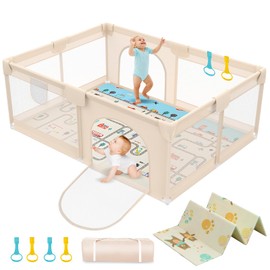 71 x 59 Baby Play Pen with Mat - Indoor & Outdoor Playpen for Babies and Toddlers - Extra Large Play Yards with Soft Foam & Sturdy Bottom Suction Cups - Toddler Baby Play Yard with Gate(Apricot)