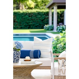 Hofdeco Premium Coastal Hampton Patio Indoor Outdoor Bolster Pillow Cover Only, 8"x24" Water Repellent for Backyard, Couch, Poolside, Navy Blue Embroidered Greek Key