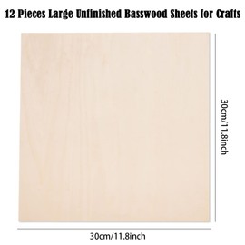 12 Pack Basswood Sheets for Crafts-12 x 12 x 1/8 Inch- 3mm Thick Plywood Sheets with Smooth Surfaces-Unfinished Squares Wood Boards for Laser Cutting, Wood Burning, Architectural Models, Staining