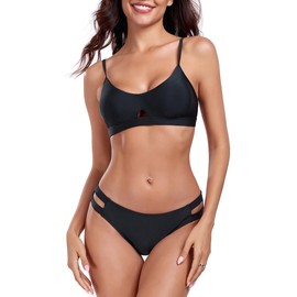 Colloyes Women's Scoop Neck Cutout Front Bikini Sets Adjustable Spaghetti Straps Two Piece Swimsuits Low Rise Bathing Suits Black Size Small