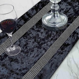 Jiino Rhinestones Table Runners with Tassels Sequin Strip for Modern Simple Stylish Wedding Decoration 13x84 Inches Black