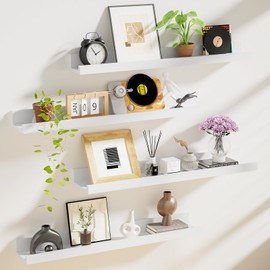 Floating Shelves for Wall Set 4 of 24 inches Picture Ledge Shelf 96 inches Totally,Solid Wood White Shelves for Room Wall to Display and Storage Photo Picture,Vinyl,Toy,Spice,Perfume,Book etc...