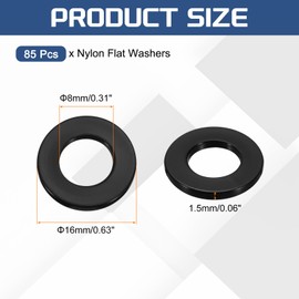 sourcing map 85Pcs M8 Nylon Flat Washers Plain Washer 8mm ID 16mm OD 1.5mm Thick Plastic Spacers for Screws Bolts Garden Faucet Plumbing Repair, Black