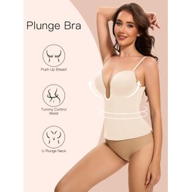 Slimers Backless Plunge Push Up Bra: Low Back Bras for Deep V Neck - Women Low Cut Shapewear Tops for Women Beige