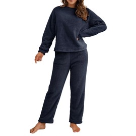Beralst - Conjunto de pijama de forro polar para mujer con cuello redondo, marino, L