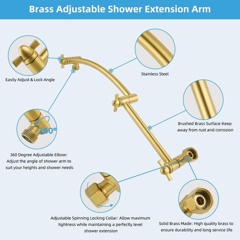 Hibbent Shower Head Extension Arm,16" Solid Brass Adjustable Extender with