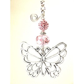 Beautiful Silver Butterfly with Pale Soft Pink Rhinestone and Faceted Glass Ceiling Fan Pull Chain