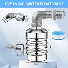 2Pcs Water Float Valve for Water Tank, Aquapulse Automatic Water System, Fully Automatic Water Shut Off Valve, 1/2'' to 3/4'' 304 Stainless Steel Float Valve for Water Tower, Pool, Livestock Troughs.