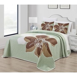 Grand Linen 3-Piece Queen Size Hibiscus Oversized Quilt Set 100" X 95" All Seasons Large Bedspread, Pillow Shams Lightweight Soft Coverlet Sage Green Brown White Colors Bed Cover Floral Pattern