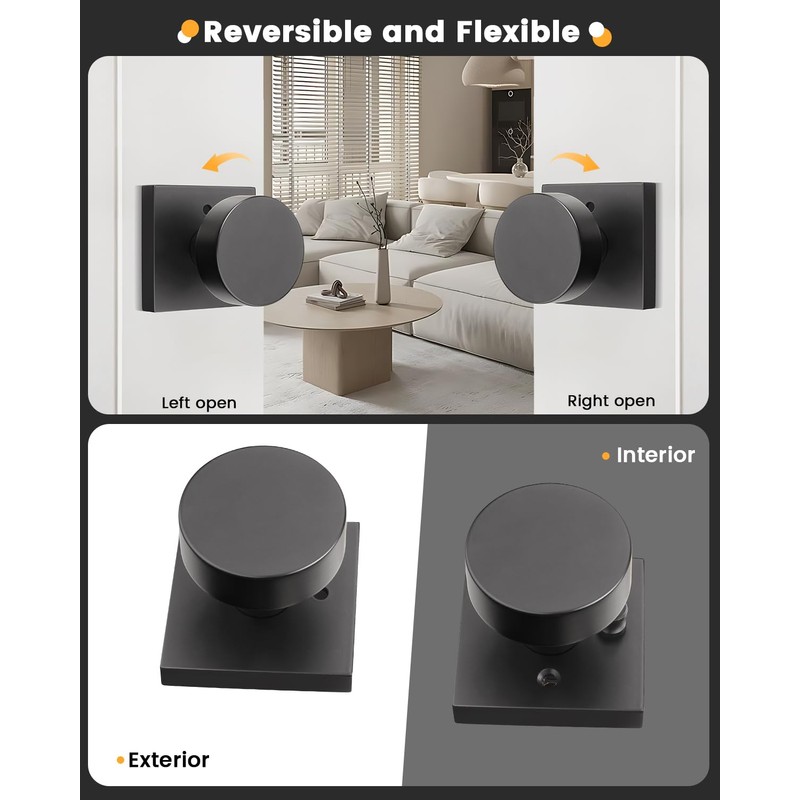 Gobrico Matte Black Privacy Door Knobs with Square Rosette(3 Pack),