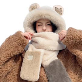 ITODA Women Girls 3 in 1 Hat Scarf Gloves Set Plush Bear Ear Warm Hat Gloves Pocket Furry Hat Neck Warmer Mittens All in One Set Winter Accessory for New Year Festival Gifts beige