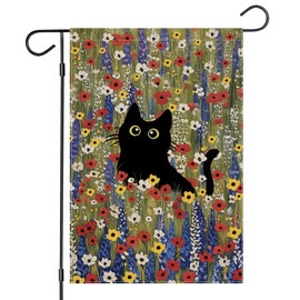 EKOREST 4th of July Garden Flags 12x18 Inch Double Sided, Watercolor Patriotic Black Cat with Flowers Small Summer Decoration for Farmhouse Holiday Yard Independence Day,Memorial Day Outdoor Decor