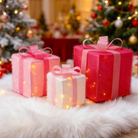Set of 3 Pink Christmas Lighted Gift Boxes with Pink Bowknot Pre-lit Lights Gift Boxes Light Up Xmas Tree Skirt Ornament USB Powered Christmas Decoration for Indoor Outdoor Yard Holiday