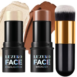2Pcs Contour Stick with Brush Set, Highlighter and Bronzer Face Stick for Face Shaping, Long Lasting Waterproof Silky Cream Contouring Stick for Sculpt the Face, Non-Greasy Formula (#1、#4, Brush)