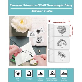 Paper for Sticker Printer, Printer Paper for Pocket Printer, Thermal Paper for T02/Q02/M02X/M02L, 2 Years Sticky Phomemo Paper, Black on White Liene Photo Printer Paper, 3 Rolls 50 mm x 3.5 m