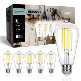 IINVGOOD LED Light Bulbs Dimmable Vintage Edison Bulb, E26 LED Bulb 60W Equivalent 800 Lumens, Neutral White 4000K, ST58 Antique LED Filament Bulb CRI 90+, Clear Glass, Pack of 6