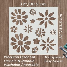 Large Boho Stencil for Painting on Wood, Canvas, Paper, Fabric, Walls and Furniture - Flowers Stencil - 12x12 Inches - Reusable DIY Art and Craft Stencils - Flower Stencil