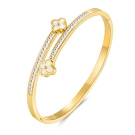 Joo&Rind Women's Clover Bracelet Gold with Cubic Zirconia 18K Gold-Plated Clover Bracelet Stainless Steel Women's Bangle Waterproof Jewellery Gift for Women, One size, Stainless Steel, Cubic Zirconia