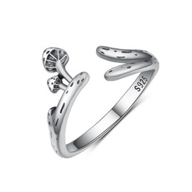 CVRAVO Mushroom Ring 925 Sterling Silver Mushroom Adjustable Open Ring Cute Nature Jewelry Gifts for Women