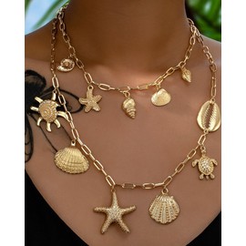 LANWLOSI Shell Charm Necklace for Women 14k Gold Plated Seahell Starfish Conch Sea Turtle Fishtail Charm Necklace Paperclip Chain Choker Summer Beach Surfer Vacation Jewelry Accessories