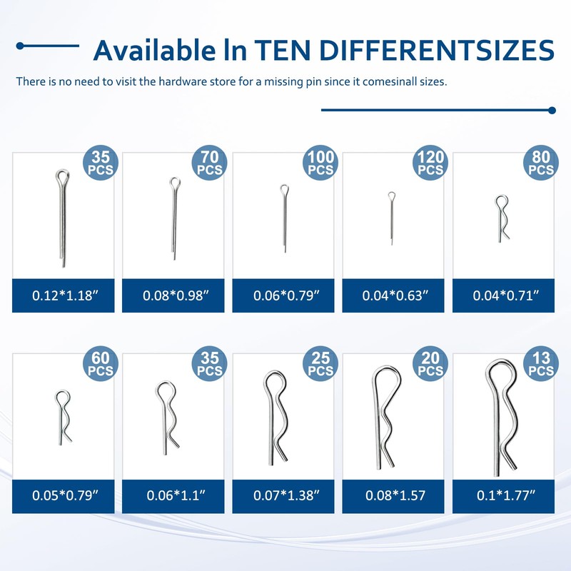 558 Pcs Cotter Pin Assortment Kit, 10 Sizes 304 Stainless