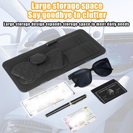 Sandfren Car Sun Visor Organizer, Leather Multi Pocket Vehicle Visor Storage Pouch for Sunglasses Card License, Multifunctional Auto Interior Organization Accessories, Universal Fit (Black)