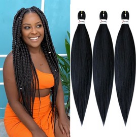Kfilsg Braiding Hair Pre Stretched 26 Inch #1 Black Long Braiding Hair Extension Pre Stretched Braiding Hair Synthetic Hair 3 Packs Hot Water Setting Soft Yaki Texture Braiding Hair Pre Stretched