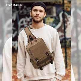 FANDARE Retro Chest Bag Sling Bag Men's Backpack Women's School Bag Canvas School Backpack Shoulder Bag Backpack Sports Bag for School Leisure Travel Business Jogging, Khaki A, Outdoor
