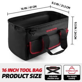 ROCKCOON Tool Bag 16'', Multi-pocket Tool Organizer with Shoulder Strap, Heavy Duty Tote with for Tool Storage, Black & Red