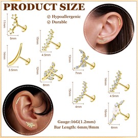 Masedy 8PCS 16G 14K Gold Threadless Cartilage Stud Earrings for Women 316L Stainless Steel Push in Earrings CZ Helix Flat Back Stud Earrings Hypoallergenic Flower Star Leaf Conch Earrings Gold 8mm