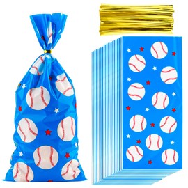 Zi Lan 50 Pcs Baseball Cellophane Treat Bags Baseball Party Favor Gift Candy Bags for Team Birthday Party Decorations Supplies with 50 Pcs Golden Twist Ties