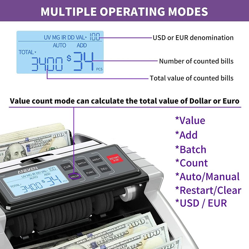 Aneken Money Counter Machine with Value Count, Dollar, Euro UV/MG/IR/DD/DBL/HLF/CHN